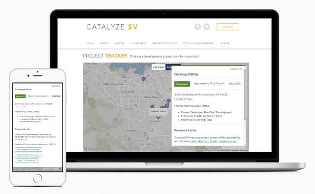 Responsive screenshots of Catalyze SV project tracker map on laptop and mobile