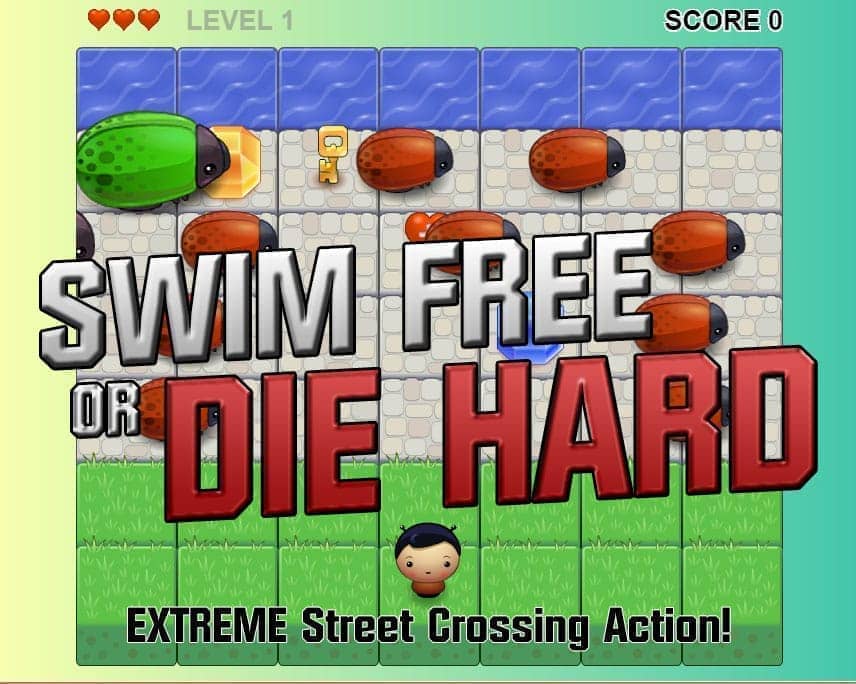 Screenshot of my HTML5/JS based frogger-style game Swim Free or Die Hard