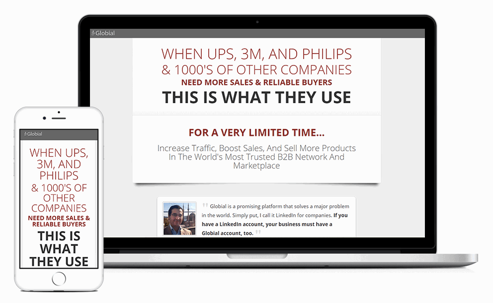 Screenshots of the Globial Business Pro sales page shown on mobile and laptop screens